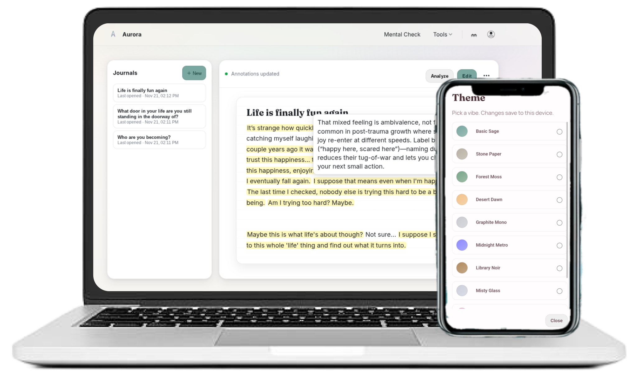 Aurora Interface showing a journal entry analysis